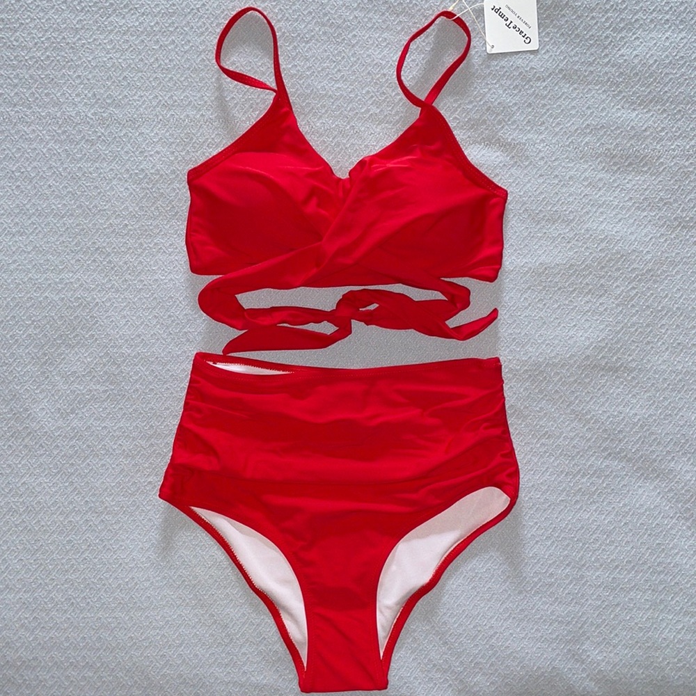NWT High-Waisted Wrap Top/ Bottoms Red Bikini Set